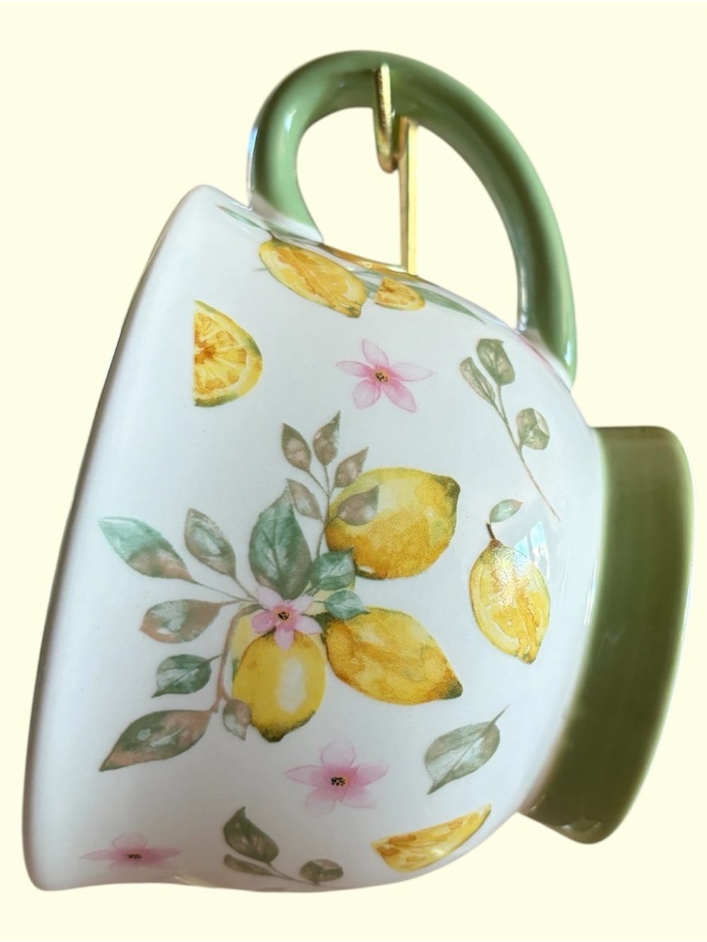 Cream,Green and Yellow Lemon-Print Ceramic Tea Mugs- Set of 4